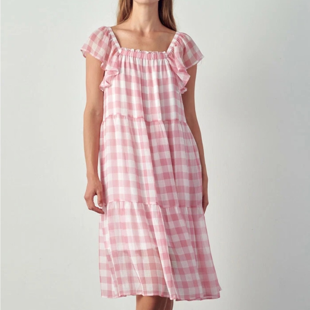 Pink Gingham Midi Dress Small